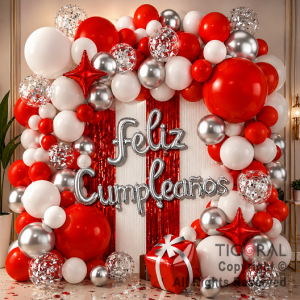SET DE GLOBOS ARCO XL FELIZ CUMPLEA�OS ROJO BLANCO Y PLATA (GY 7909) 78 UNIDADES